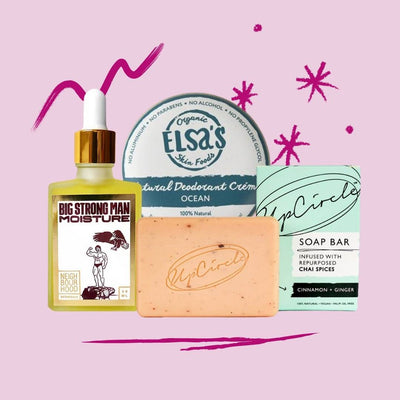 Picture collage featuring Neighbourhood Botanicals Big Strong Man Moisture, Elsa's Ocean Creme Deodorant and Upcircle Cinnamon and Ginger soap bar. Stars, lines and squiggles are placed behind the products